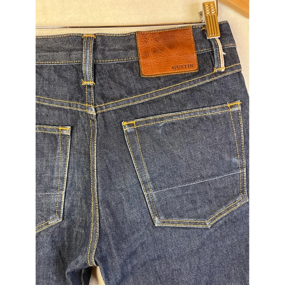 GUSTIN Raw Selvedge Denim Jeans Dark Indigo Slim Cut Button Fly USA 32 X 32
